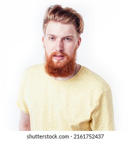 Young Handsome Hipster Ginger Bearded Guy Looking Brutal Isolated On White Background, Lifestyle People Concept