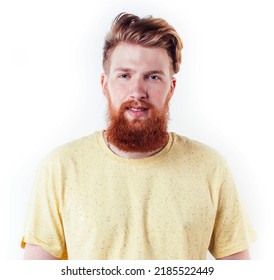 Young Handsome Hipster Ginger Bearded Guy Looking Brutal Isolated On White Background, Lifestyle People Concept