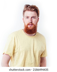 Young Handsome Hipster Ginger Bearded Guy Looking Brutal Isolated On White Background, Lifestyle People Concept