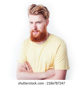 Young Handsome Hipster Ginger Bearded Guy Looking Brutal Isolated On White Background, Lifestyle People Concept