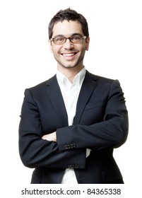 Young handsome man in black suit and glasses smiling isolated on white background