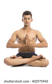 Young Handsome Man Doing Yoga On White Background.