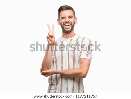 Similar – Image, Stock Photo Funny young man on brick wall with open hands