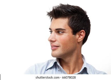 Young Handsome Man Portrait Isolated On White While Looking At His Left