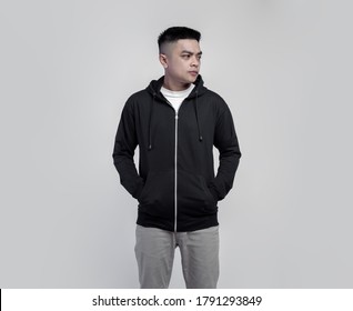 Young Handsome Man Wearing Black Hoodie Zipper Isolated On Background Suitable For Mock Up