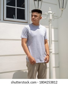 Young Handsome Man Wearing Heather Grey T Shirt Short Sleeve Was Posing At Outdoor