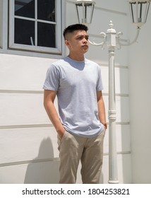 Young Handsome Man Wearing Heather Grey T Shirt Short Sleeve Was Posing At Outdoor