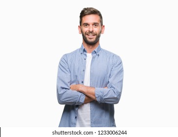 Young Handsome Man Wearing White T-shirt Over Isolated Background Happy Face Smiling With Crossed Arms Looking At The Camera. Positive Person.