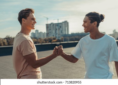 young handsome men shaking hands - Shutterstock ID 713820955