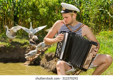 Young handsome sailor in frock and peaked cap playing the accordion on thickets of corn background.