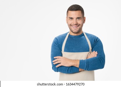 Young Handsome Shopkeeper Man Wearing Apron Standing Over Isolated White Background