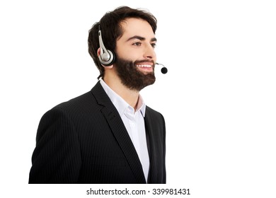 Young handsome smiling call center man.