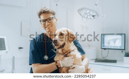 Young Handsome Veterinarian Petting a Noble Golden Retriever Dog. Healthy Pet on a Check Up Visit in Modern Veterinary Clinic with a Professional Caring Doctor ストックフォト © 