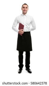 Young Handsome Waiter Holding Restaurant Menu On White Background