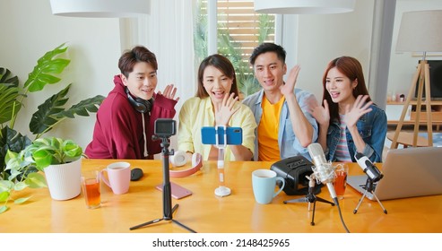 Young Happy Asian Friends Sharing Content On Streaming Platform With Digital Web Camera - Modern Lifestyle Have Fun Vlogging Live Feeds On Social Media Networks