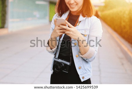 Similar – beautiful woman talking on the phone while laughing.