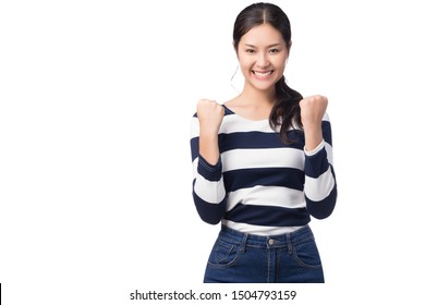 Young Happy Asian Woman Raising Her Hand With Winner Success Expression Isolated On White Background.