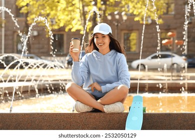 Young happy Asian woman in stylish white cap with skateboard and cup of coffee sitting near fountain on city street - Powered by Shutterstock