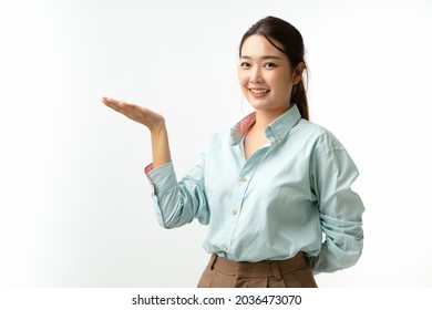 Young Happy Asian Woman Wear Blue Shirt Spreads Hand Shoot In Isolated On White Background .