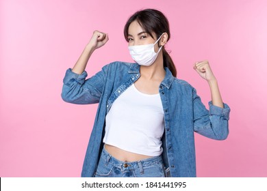 Young Happy Asian Woman Wearing Hygienic Mask To Prevent Infection Corona Virus.