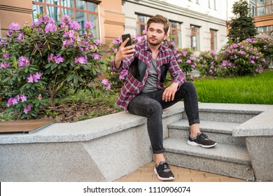 Young Happy Bearded Man Doing Selfie Or Speaking Video Chat By Phone