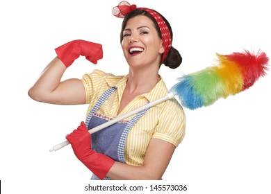 Young Happy Beautiful Woman Maid Dusting On White Background