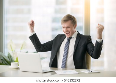 Young Happy Businessman With Really Impressive Achievements, Victory Dance, Fast Growing Company, Rewarded, Won A Good Contract, Successful Deal, Positive News On Stock, Screaming With Happiness