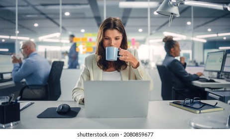 Young Happy Businesswoman Using Computer in Modern Office with Colleagues. Stylish Beautiful Manager Smiling, Working on Financial and Marketing Projects. Drinking Tea or Coffee from a Mug. - Powered by Shutterstock