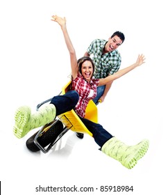 Young Happy Couple And Gardening. Isolated Over White Background.