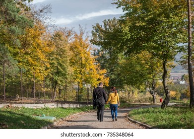 Young Happy Couple Holding Hands Back To Camera In Autumnal Forest