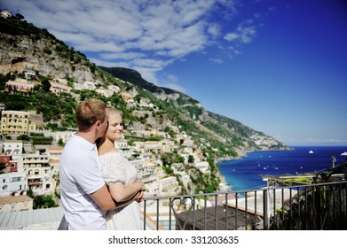 Young Happy Couple In Positano, Amalfi Coast, Italy