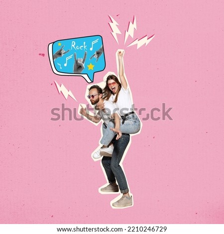 Young happy couple as rock fans. Composite creative art and pop collage in magazine style of man and woman with guitar and hand rock sign speechbubble over heads. Concept of party, music and dance
