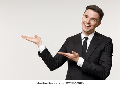 Young Happy Employee Business Corporate Lawyer Man 20s Wear Classic Formal Black Grey Suit Shirt Tie Work In Office Point Arms Hands Overhead On Workspace Mock Up Isolated On White Background Studio