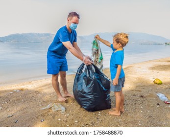 Young happy family activists collecting plastic waste on beach. Dad and son volunteers clean up garbage. Environmental pollution problems. Outdoor lifestyle recreation. Natural education of children - Powered by Shutterstock