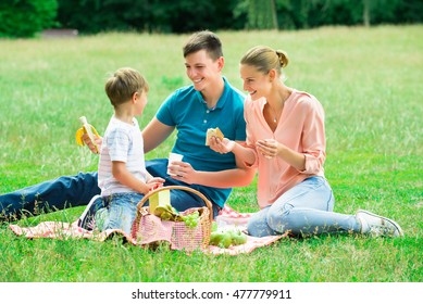 Young Happy Family Enjoying Breakfast At Picnic In The Park