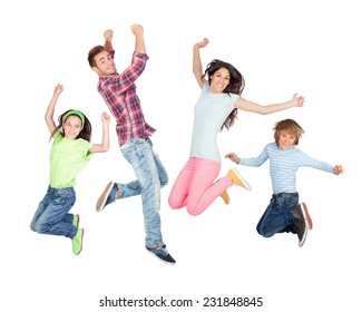 Young happy family jumping isolated on a white background
