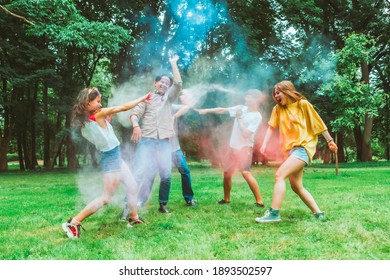 Young Happy Friends At Holi Fest Indian Traditional Holiday