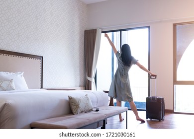 Young Happy Girl Arrived Hotel Room Stock Photo 1721030161 