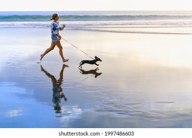 Young Happy Girl Have Fun With Dachshund Dog, Run By Water Pool Along Sea Surf On Sand Beach. Beautiful Sunset Background. Popular Travel Destination. Summer Vacation With Family Pets