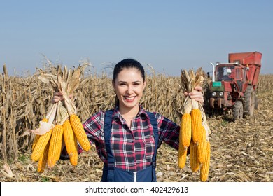 Young happy girl showing harvested corn in the field. Tractor working in background