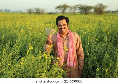 Young happy Indian farmer standing in mustard field holding money in hand enjoying the agricultural profits. He is happy to get benefitted by the mustard flourishing crops and agricultural production.