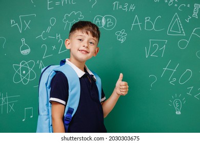 Young happy male kid school boy 5-6 years old in t-shirt backpack show thumb up gesture isolated on green wall chalk blackboard background studio. Childhood children kids education lifestyle concept. - Powered by Shutterstock
