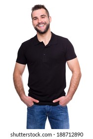 Young Happy Man In A Black Polo Shirt On White Background