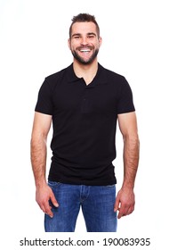 Young Happy Man In A Black Polo Shirt On White Background