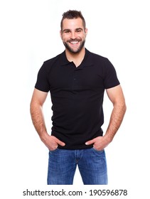 Young Happy Man In A Black Polo Shirt On White Background