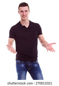 Young Happy Man In A Black Polo Shirt On White Background