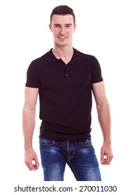 Young Happy Man In A Black Polo Shirt On White Background