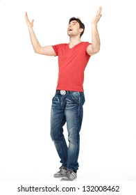 Young Happy Man In Casuals With Raised Hands Up Isolated On White Background.