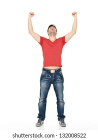 Young Happy Man With  In Casuals With Raised Hands Up Isolated On White Background.