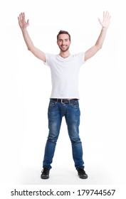 Young Happy Man In Casuals With Raised Hands Up - Isolated On White.